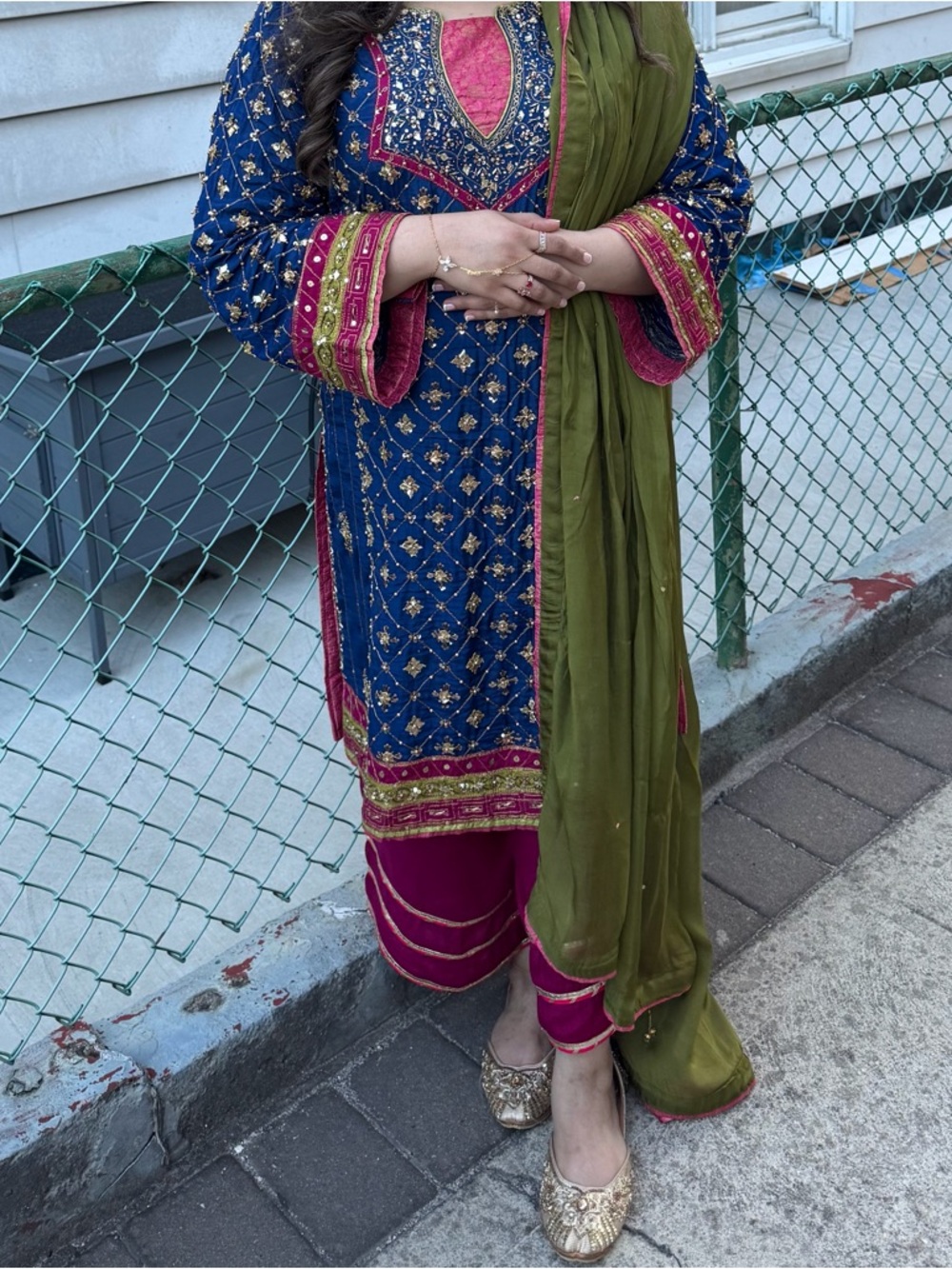 Embroidered Navy & Magenta Women's Dress with Olive Dupatta